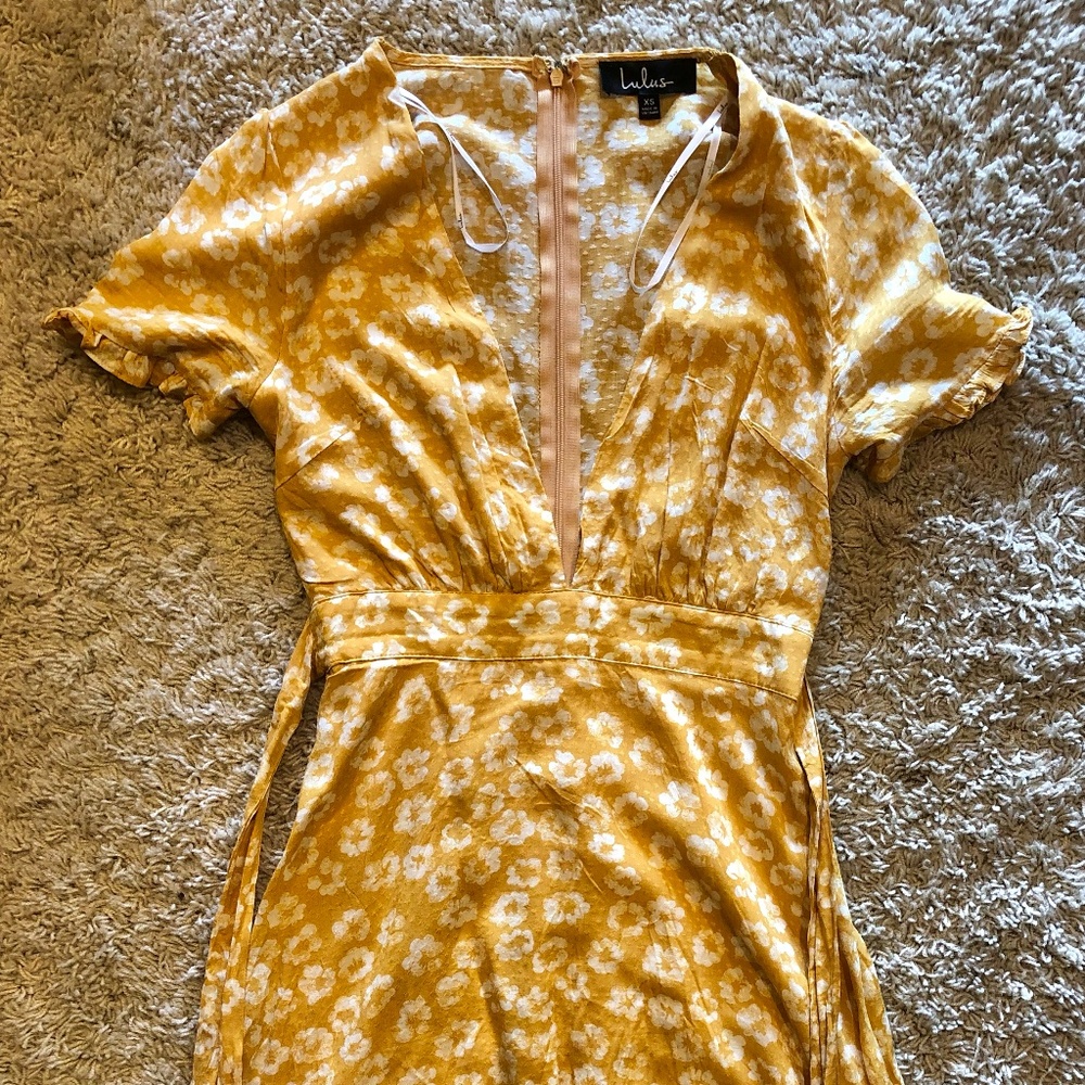 Lulus Garden Explorer Mustard Yellow Floral Print Mini Dress XS